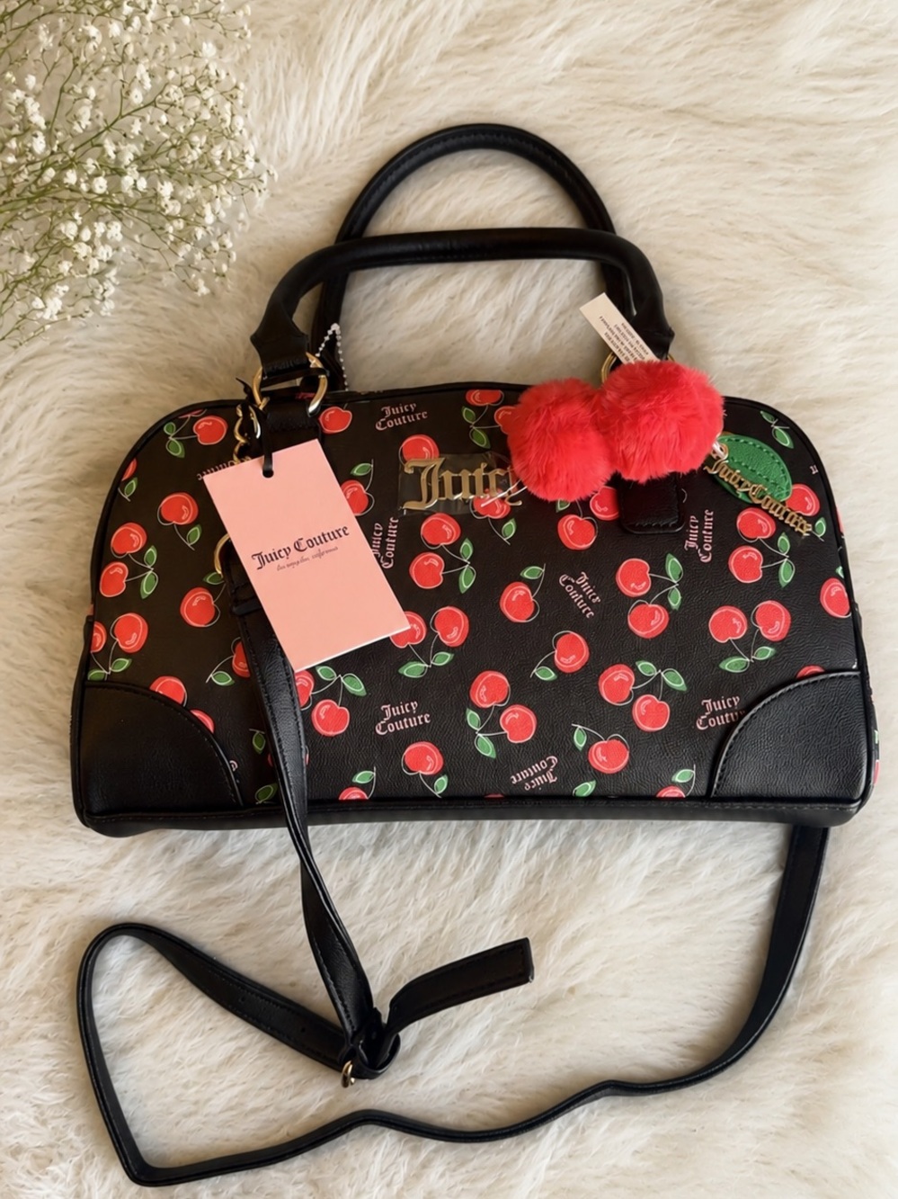 Juicy Couture Black Cherry Print Satchel with Red Pom Pom